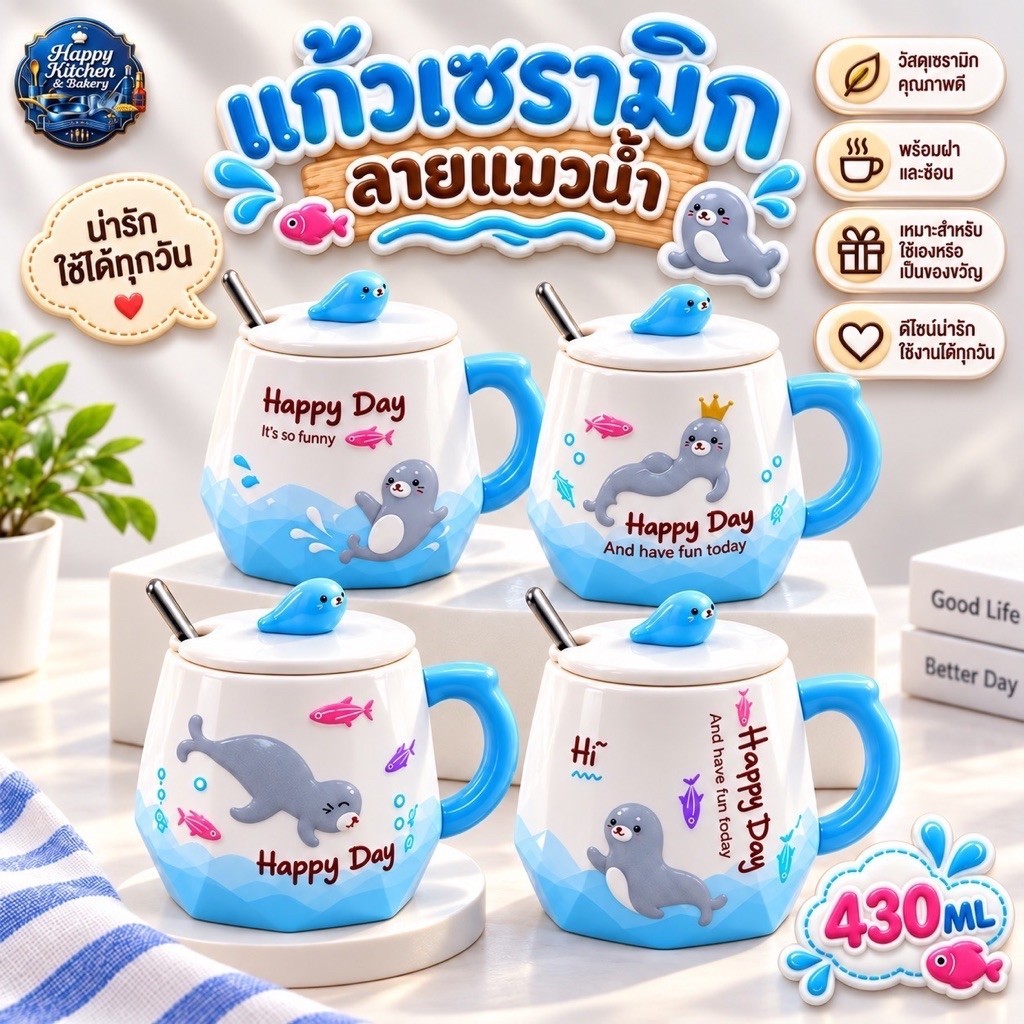 แก้วเซรามิกลายแมวน้ำ ดีไซน์น่ารัก โทนสีฟ้าพาสเทล เหมาะสำหรับใช้ดื่มชา กาแฟ นม หรือเครื่องดื่มร้อน-เย็น พร้อมฝาปิดและช้อน