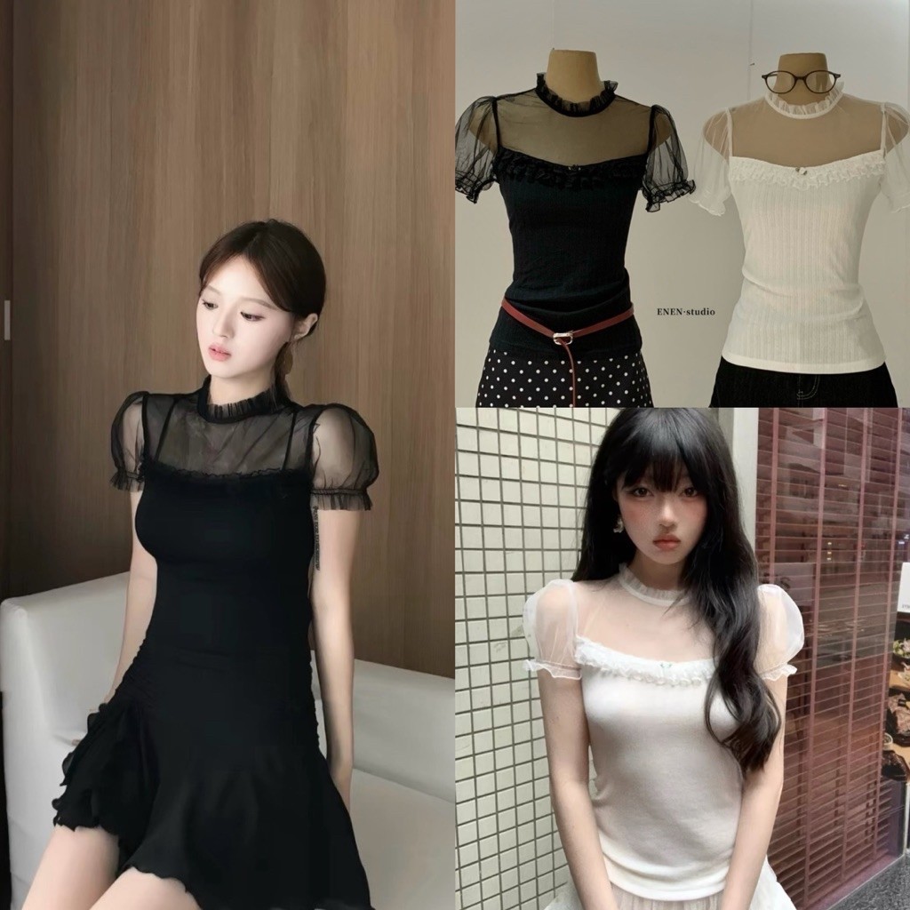 11096# เสื้อคอกลม แขนสั้น แต่งซีทรูช่วงไหล่ ติดกระดุมคอด้านหลัง เนื้อผ้ายืดหยุ่นได้เยอะ TAG:WG.WE