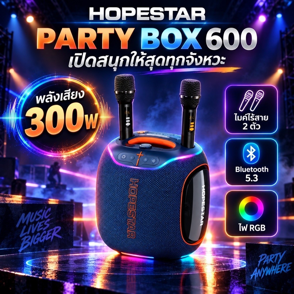 HOPESTAR Party BOX 600 (300 Watt) ลำโพงบลูทูธ พร้อมไมค์ลอย2อัน ปรับเสียงไมค์ได้ ลำโพง6ดอก มีไฟRGB ปร