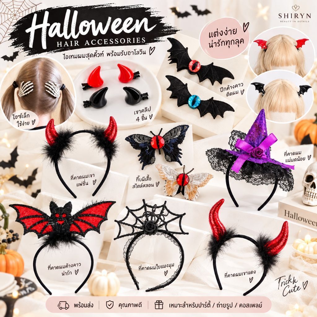 ร้านไทย กิ๊บติดผม ที่คาดผม Halloween ปาร์ตี้ ฮาโลวีน คอสเพลย์ เขาปีศาจ Devil กิ๊บมือกระดูก ปีก ค้างคาว ผี