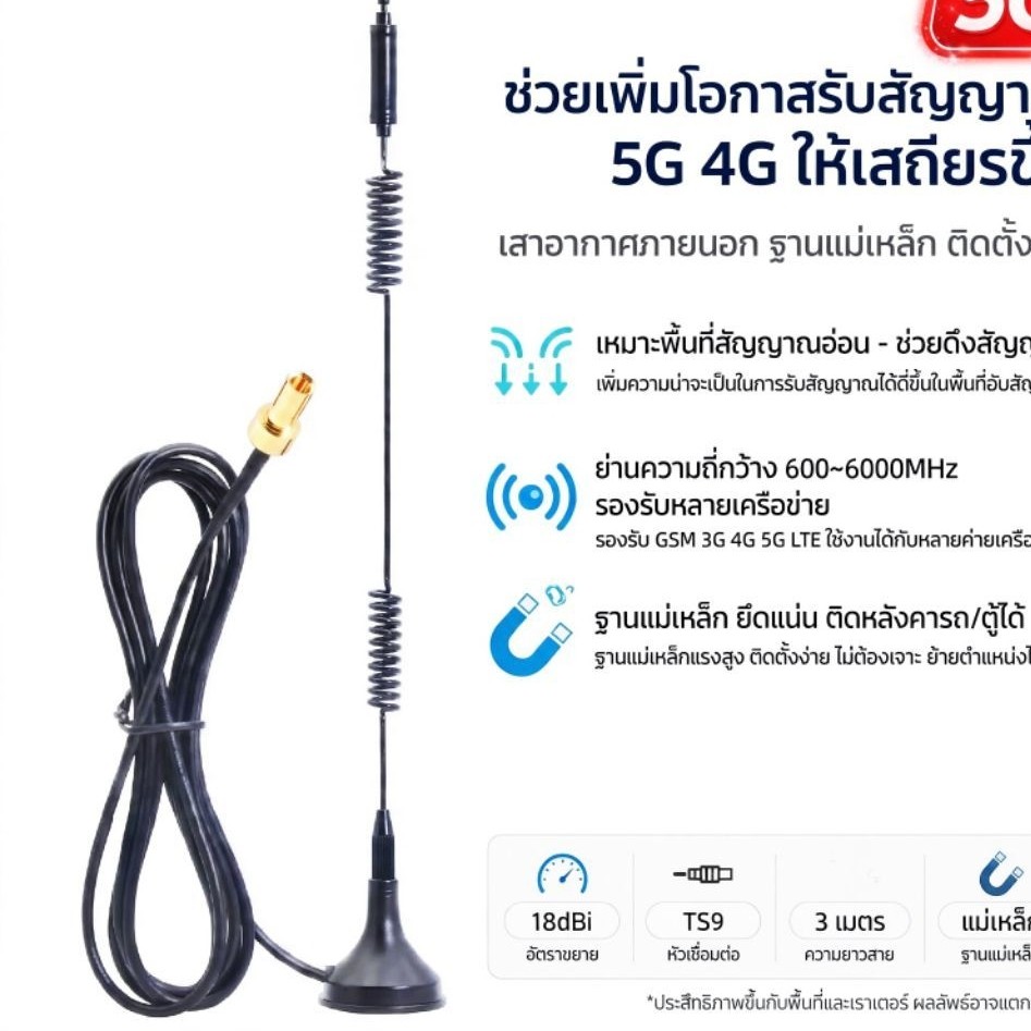 เสาอากาศ 5G 4G 3G 18dBi TS9 เสาอากาศติดรถยนต์ เสาดูดแม่เหล็ก Omni Antenna 600-6000Mhz สำหรับ 4G 5G R