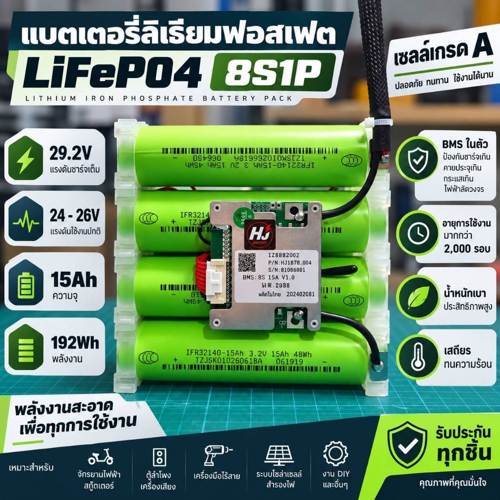 แบตเตอรี่(JSK) 32140 8S 15 แอมป์แรงดันชาร์จเต็ม 29.2 โวลท์ BMS 30 แอมป์ กำลังสูง พร้อมใช้งานรับประกั