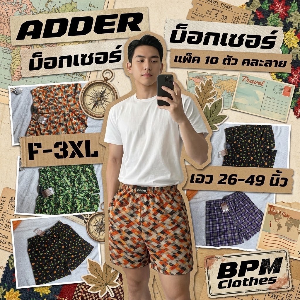 กางเกงบ๊อกเซอร์ ลาย แพ็ค 10 ตัว กางเกงขาสั้น กางเกง ADDER BOXER
