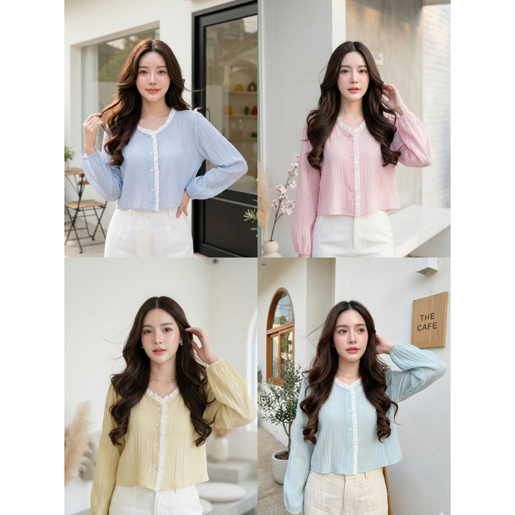 maymuse เสื้อแขนยาวแต่งระบายขาวปลายแขนจั๊ม ป้ายsherbet