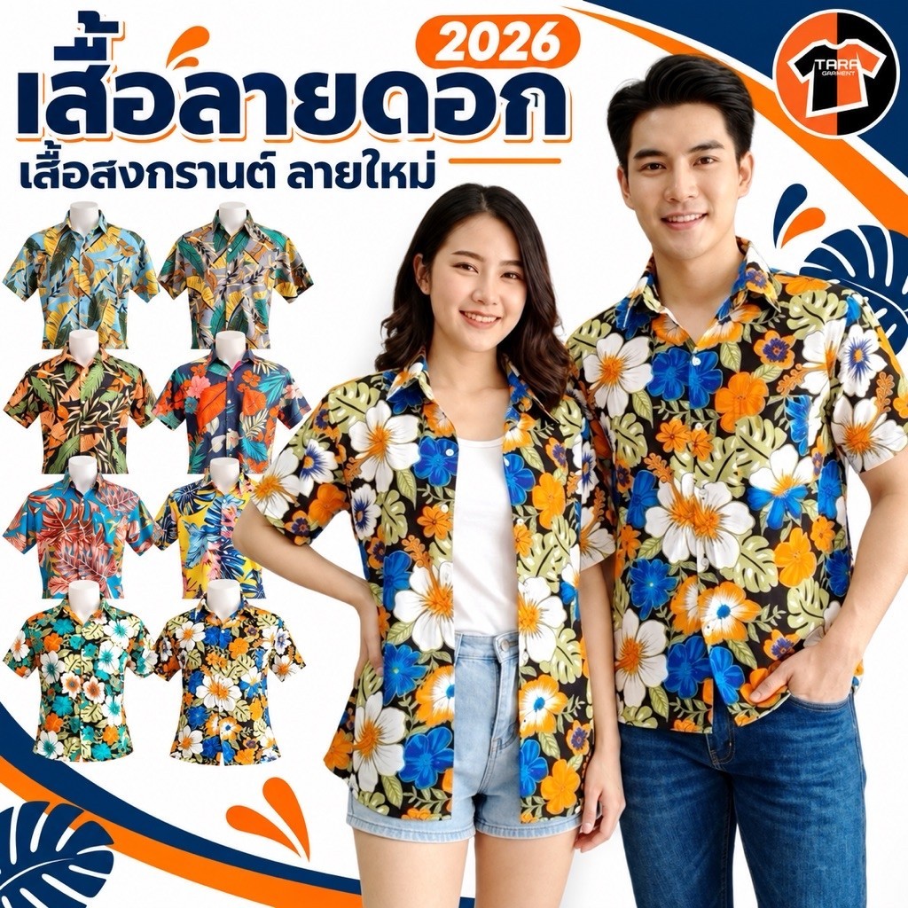 มาใหม่ เสื้อลายดอก สงกรานต์ 2026 เสื้อเชิ๊ตลายดอก ไหมอิตาลี ใส่ไม่ร้อน