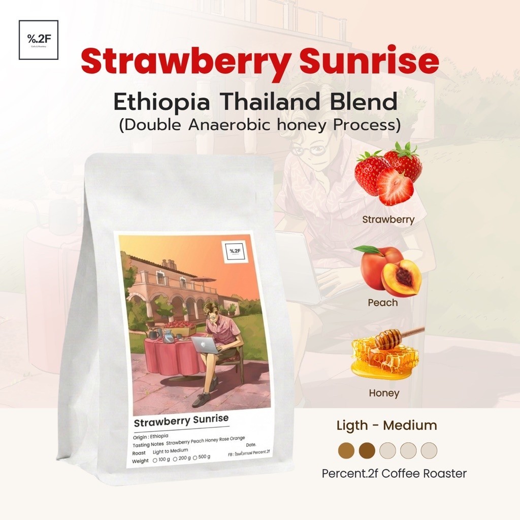 Percent.2f เมล็ดกาแฟ Specialty คั่วอ่อนค่อนกลาง Strawberry Sunrise