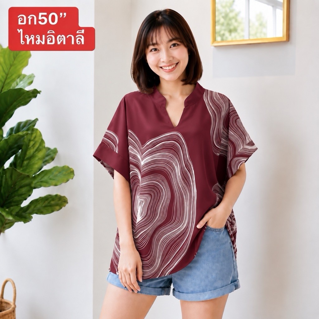 อก50“ คอจีน ผ้าไหมอิตาลี และผ้าสปัน เสื้อผ้าสาวอวบ ไซส์ใหญ่