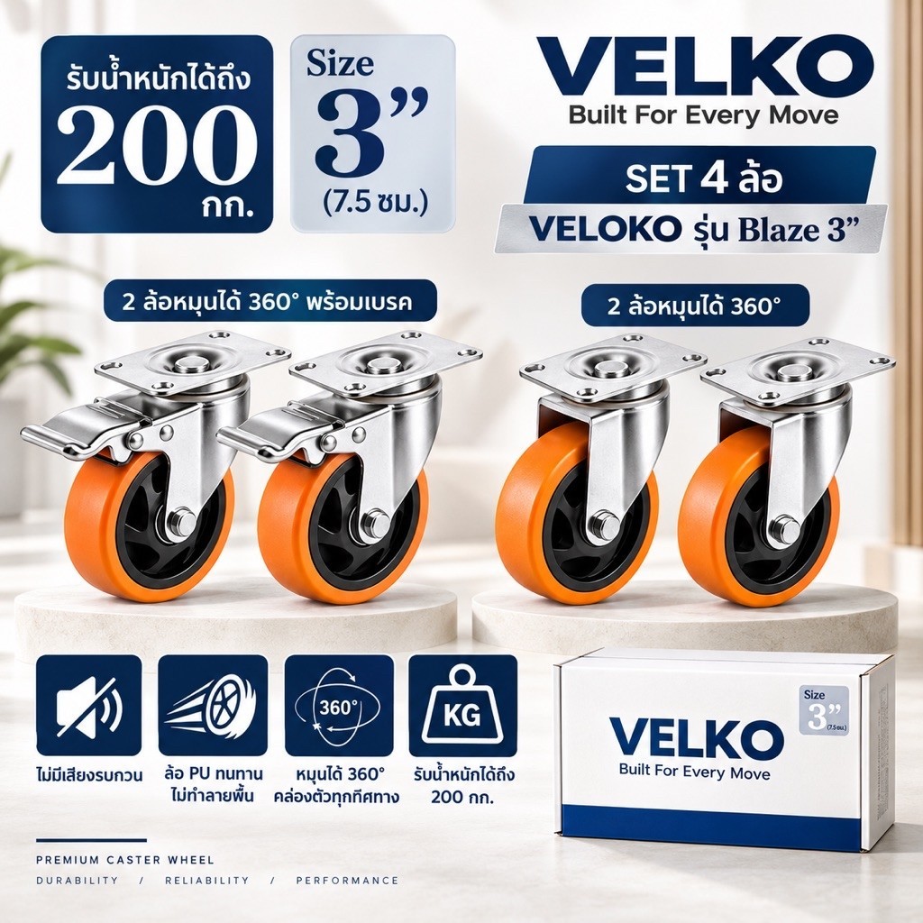 ลูกล้อ VELKO Blaze™  3 นิ้ว SET 4 ล้อ หมุน 360° พร้อมเบรกและไม่มีเบรก รวม4ล้อ รับน้ำหนัก 200 กก