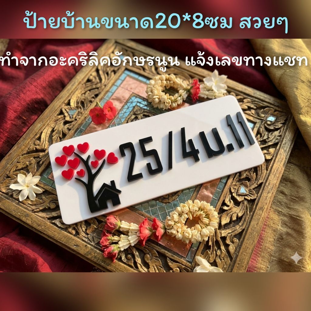 ป้ายบ้านเลขที่ ตกแต่งบ้าน รูปต้นไม่หัวใจ ทำจากอะคริลิคหนา3 มิล ขนาด 20x8 ซม อักษรนูน ราคาประหยัด แจ้งเลขที่ทางทักแชท