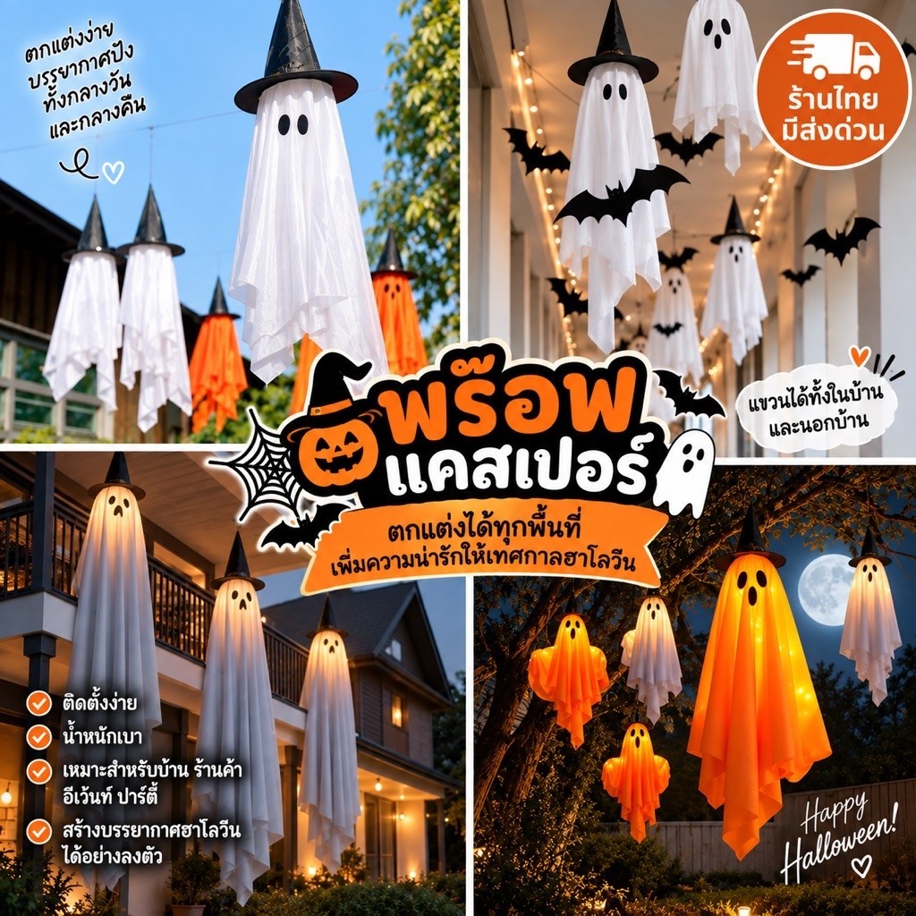 ร้านไทย มีส่งด่วน ชุดพร๊อป diy halloween ตกแต่งฮาโลวีน ผีแคสเปอร์ ผ้าตกแต่งโต๊ะ มี 3 สี