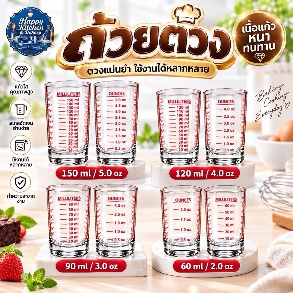 แก้วตวงมีขีดวัดระดับปริมาณ(เช่น ml, oz, cup)มี 4 ขนาด 60 ml ,90 ml,120 ml,150 ml เนี้อแก้วหนา แข็งแรง ทนทานไม่แตกหักง่าย