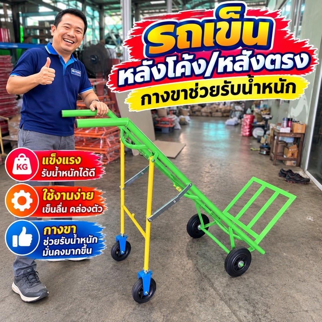 ผลิตไทย รถเข็นหลังตรง/หลังโค้ง 2 ล้อยางตัน 8นิ้วพร้อมขาพิเศษอีก2ล้อ ขนาด6“ยางตันพร้อมลูกปืนทั้ง4ล้อกางออกเพื่อรับน้ำหนัก