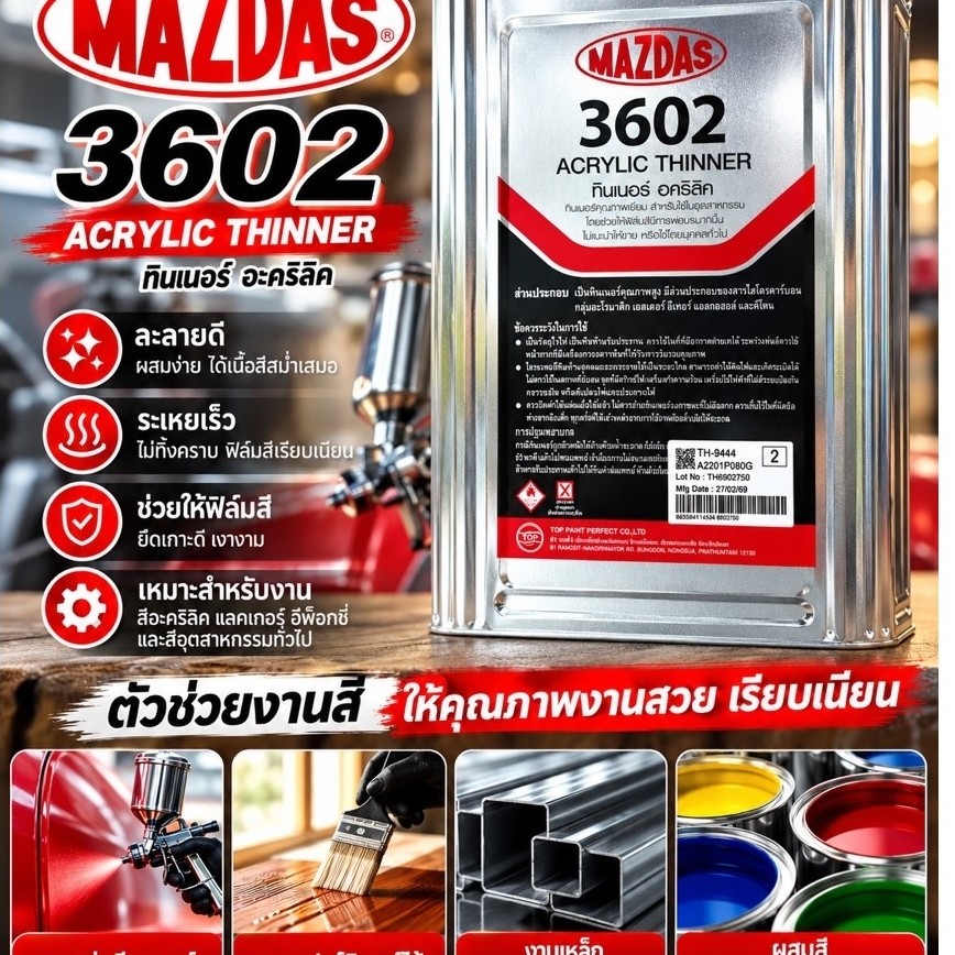 ทินเนอร์ อะคิลิค 3602 MAZDAS (ยี่ห้อ TOP) น้ำหนัก ปิ๊ปละ 9ก.ล
