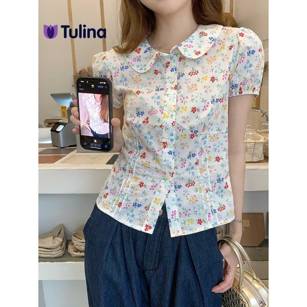 เสื้อเชิ้ตแขนตุ๊กตาผู้หญิง ลายดอกไม้ สั้น น่ารักสดใส