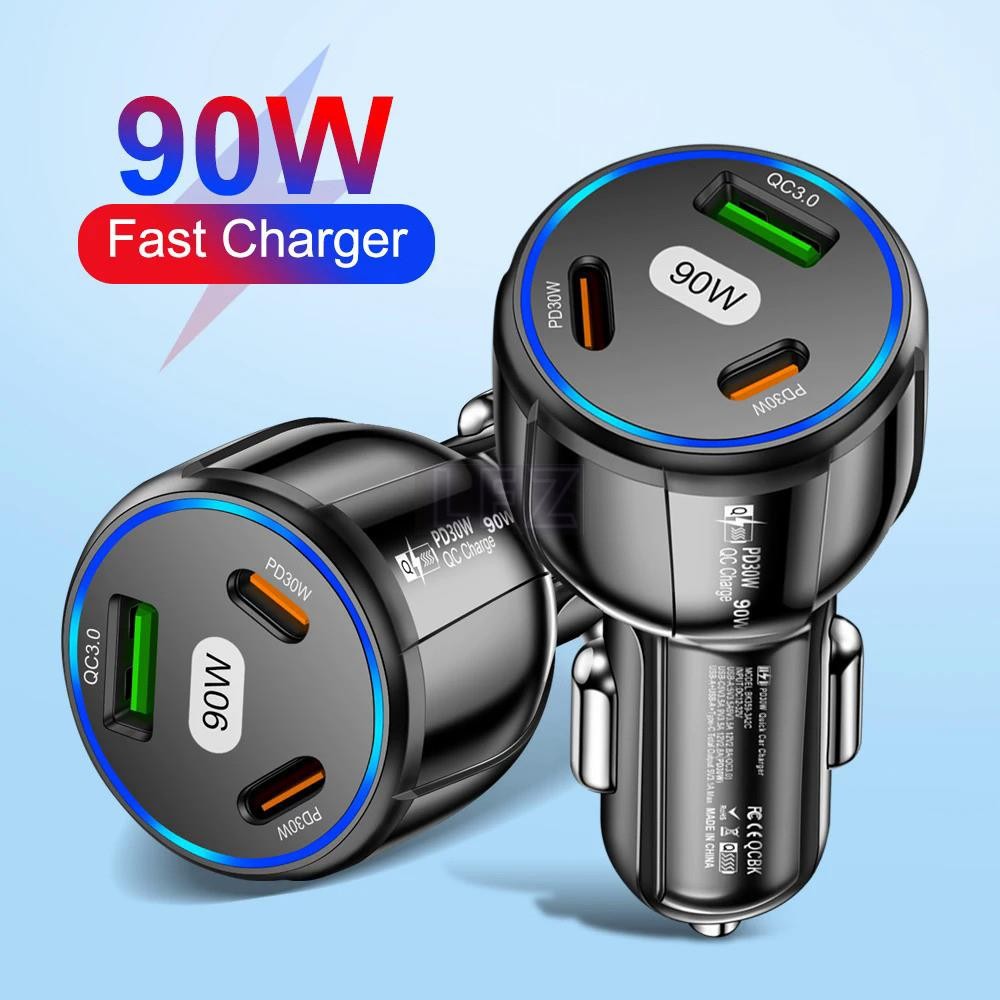 90W ที่ชาร์จแบตในรถ USB Type C Fast Charging Power Adapter Quick Charge 3.0 สําหรับ iPhone 14 13 12 