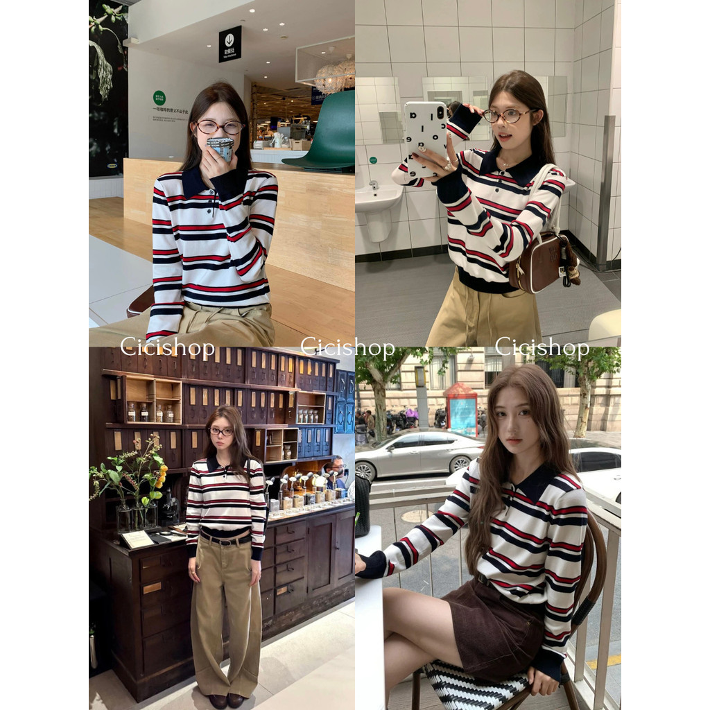Cicishop(A2806-3) เสื้อไหมพรมคอปกโปโลแขนยาวลายทาง มีจั้มปลายเสื้อ กระดุมใช้งานได้จริง ใส่สบาย สไตล์ฝรั่งเศสสำหรับผู้หญิง