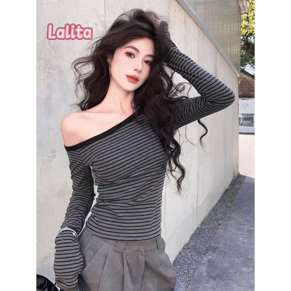 พร้อมส่ง เสื้อยืดแขนยาวปาดไหล่ลายทางสีตัดกัน เสื้อครอปรัดรูปสุดฮอตหวานแหวว 2สี🎀Lalita