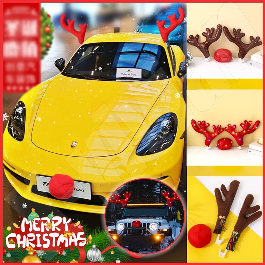 รถ Reindeer Antlers & Nose Kit Light up Reindeer Antlers จมูกชุดคริสต์มาส Reindeer ตกแต่งรถ yikuikui