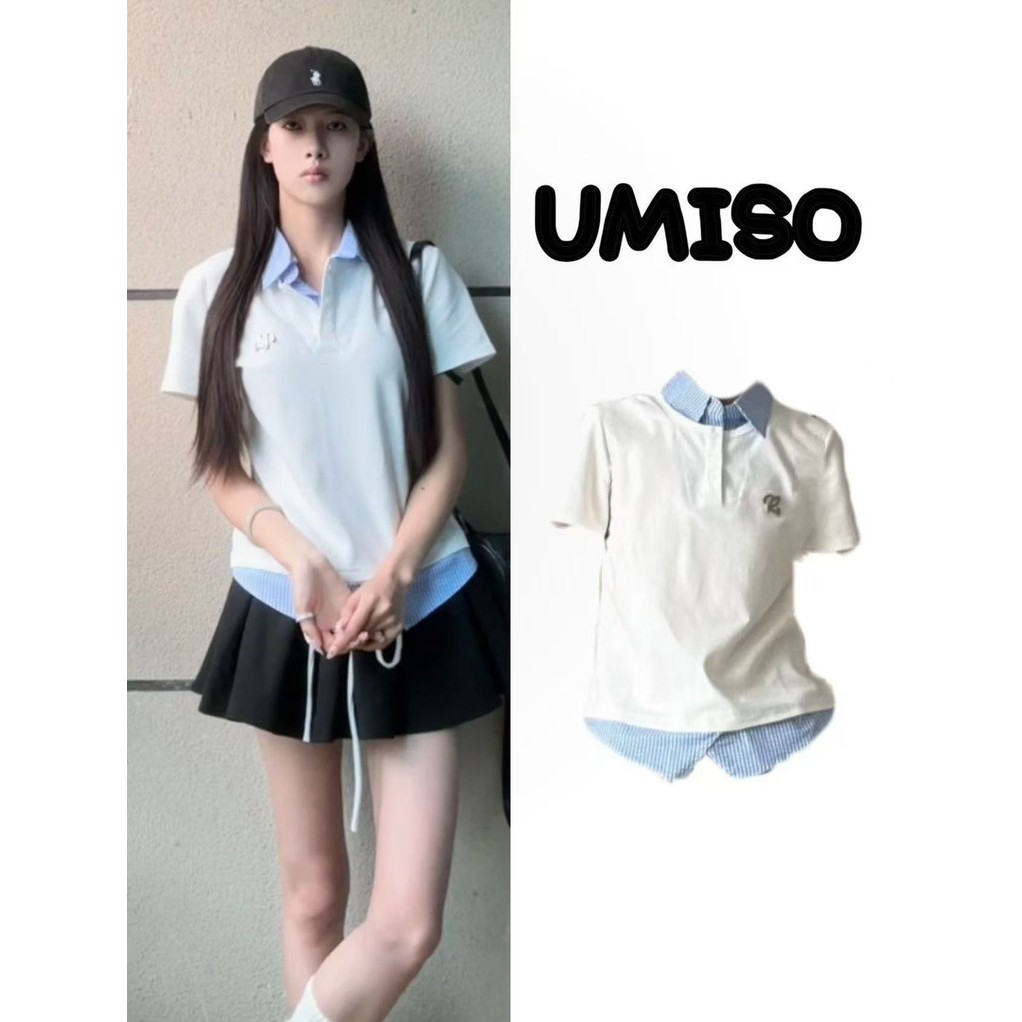 พร้อมส่งจากกทม 2สี เสื้อยืดแขนสั้นคอปก ปัก น่ารักๆ สไตล์เกาหลี ผ้ายืด นุ่ม UMISO