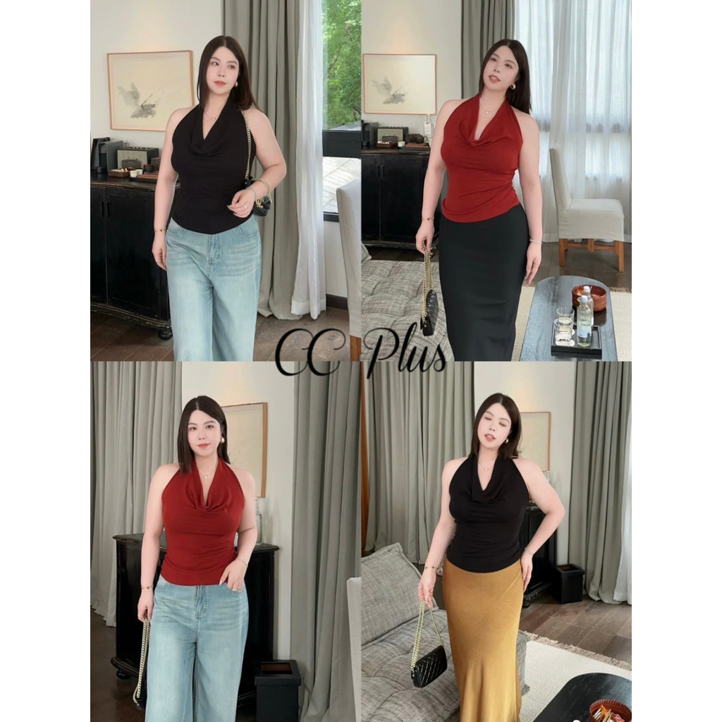 CiCi Plus+(J2317) เสื้อคล้องคอแต่งคอถ่วงดีเทลเว้าหลังมีเชือกด้านหลัง สีพื้น แฟชั่นฤดูร้อน สไตล์สาวพลัสไซส์