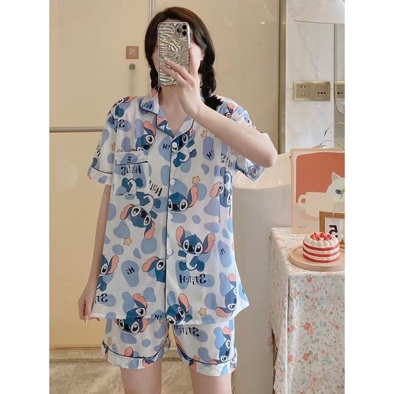 H-apparel shop ชุดนอนลายการ์ตูนสำหรับผู้หญิง เสื้อเชิ้ตคอปกแขนสั้น + กางเกงขาสั้น ผ้าคุณภาพดี ใส่สบา