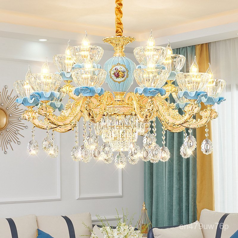 European Style Luxury Crystal Chandelier, Chinese Style Ceramic Living Room Lamp, Fresh and Cozy Rom