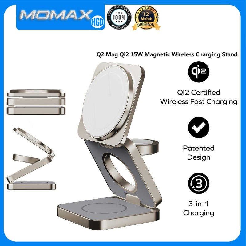 Momax Q2.Mag Qi2 15W Magnetic Wireless Charging ขาตั้งแบบพับได้ 3-in-1