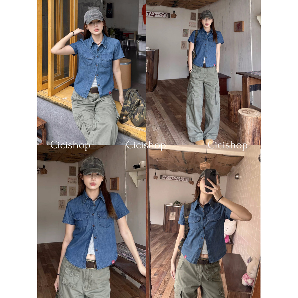 Cicishop(3390) เสื้อเชิ้ตคอปกแขนสั้นผ้าแชมเปรย์กระดุมใช้งานได้กระเป๋าใช้งานได้จริง ทรงสวยพอดีตัวผ้าเบาใส่สบาย สไตล์ลำลอง