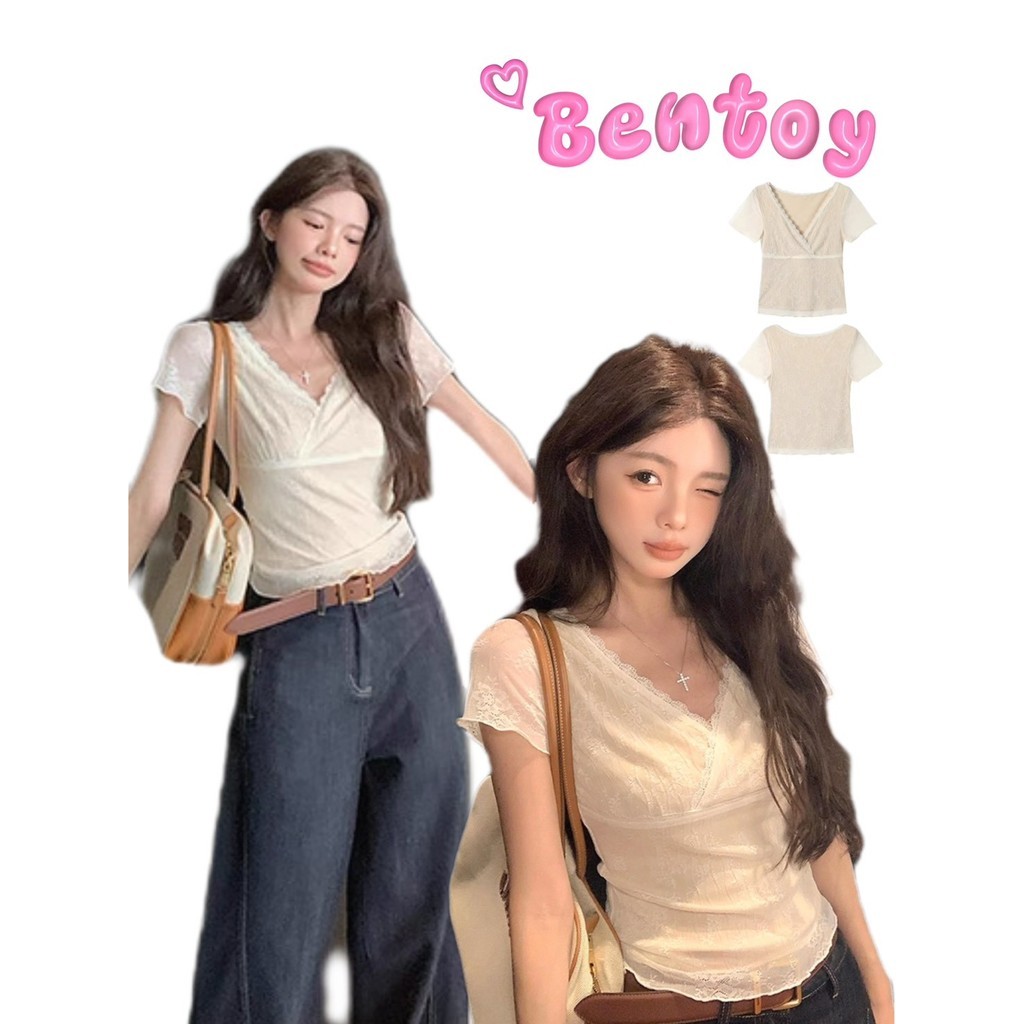 Bentoy(1021） เสื้อครอปแขนสั้นคอวี  น่ารัก ลวดลายดอกไม้ลูกไม้