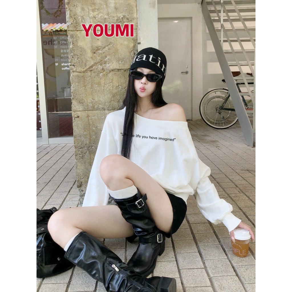 ส่งจากไทยทุกวัน แขนยาวเว้าไหล่ แฟชั่นสําหรับสตรี เสื้อหนาว สเวตเตอร์ แขนยาว  ทรงหลวม🎀YOUMI