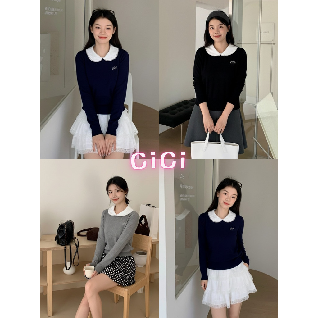 ส่งทันทีCici(NO. A2955-1) เสื้อคอบัวแขนยาวแต่งกระดุมด้านหลัง ปักโลโก้cici ผ้าไหมพรมนุ่มใส่สบาย