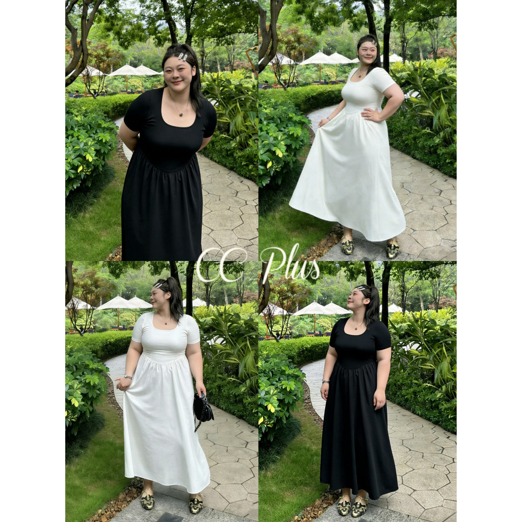 CiCi Plus+(3410) เดรสแขนสั้นคอเหลี่ยมใส่สบาย ช่วงเอวยางยืดกระโปรงมีซับมีกระเป๋าชุดเรียบร้อยสุภาพ สไตล์สาวพลัสไซส์