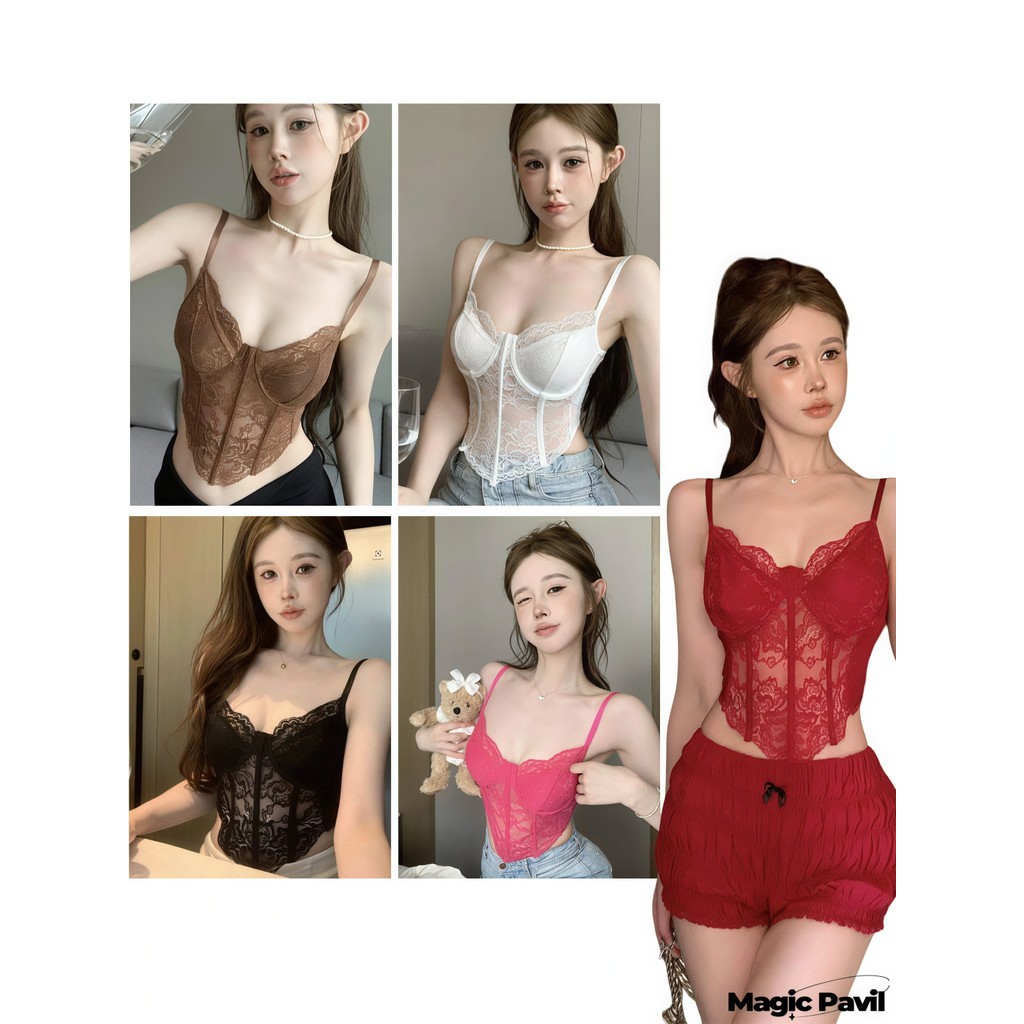 【Magic】พร้อมส่ง | เสื้อสายเดี่ยว ไม่มีฟองน้ำ สายปรับได้ เสื้อสายเดี่ยวลูกไม้เซ็กซี่ โปร่ง แฟชั่นผู้ห