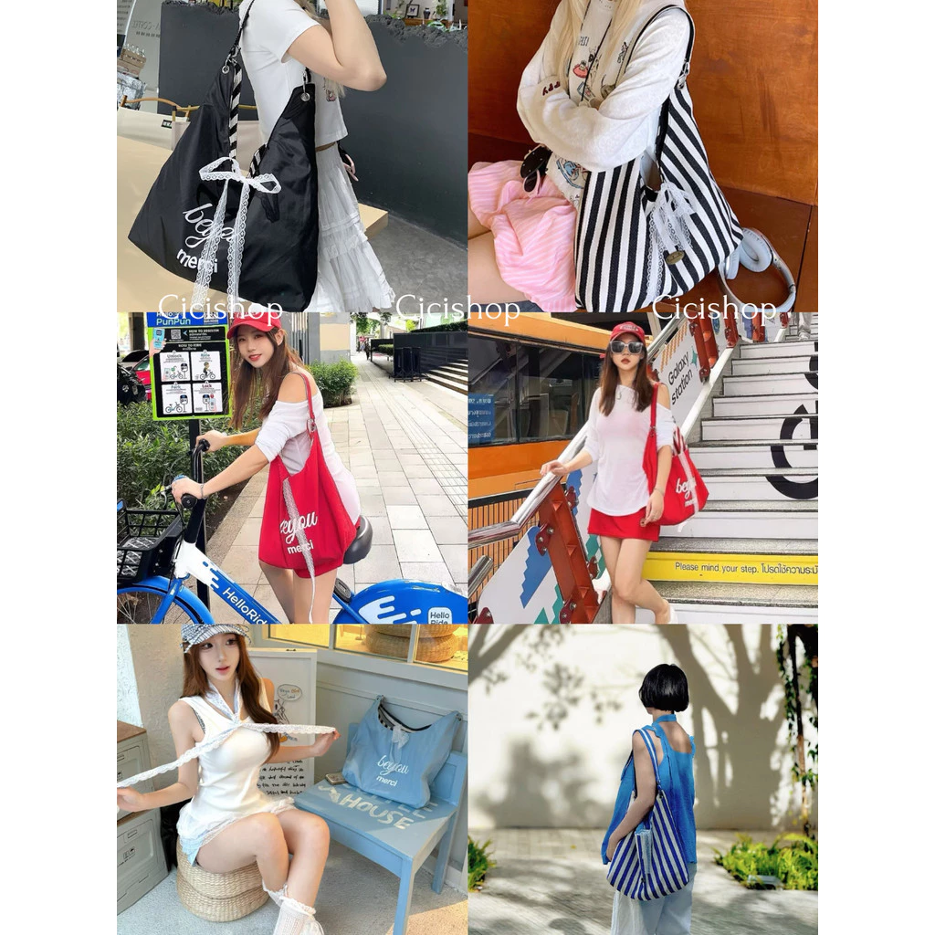 Cicishop(A136) กระเป๋าสะพายไหล่ปักโลโก้ ดีเทลแต่งผูกลูกไม้ ใส่ได้2ด้าน สไตล์สาวเกาหลีสะพายน่ารักๆ ใส่ของได้เยอะ