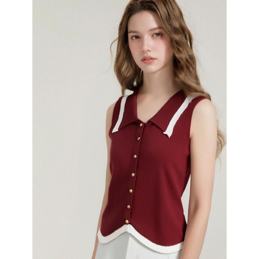 L'NADA【พร้อมส่ง】เสื้อแขนกุดคอปกทูโทนติดกระดุมหน้า  สุภาพน่ารัก แฟชั่น2025