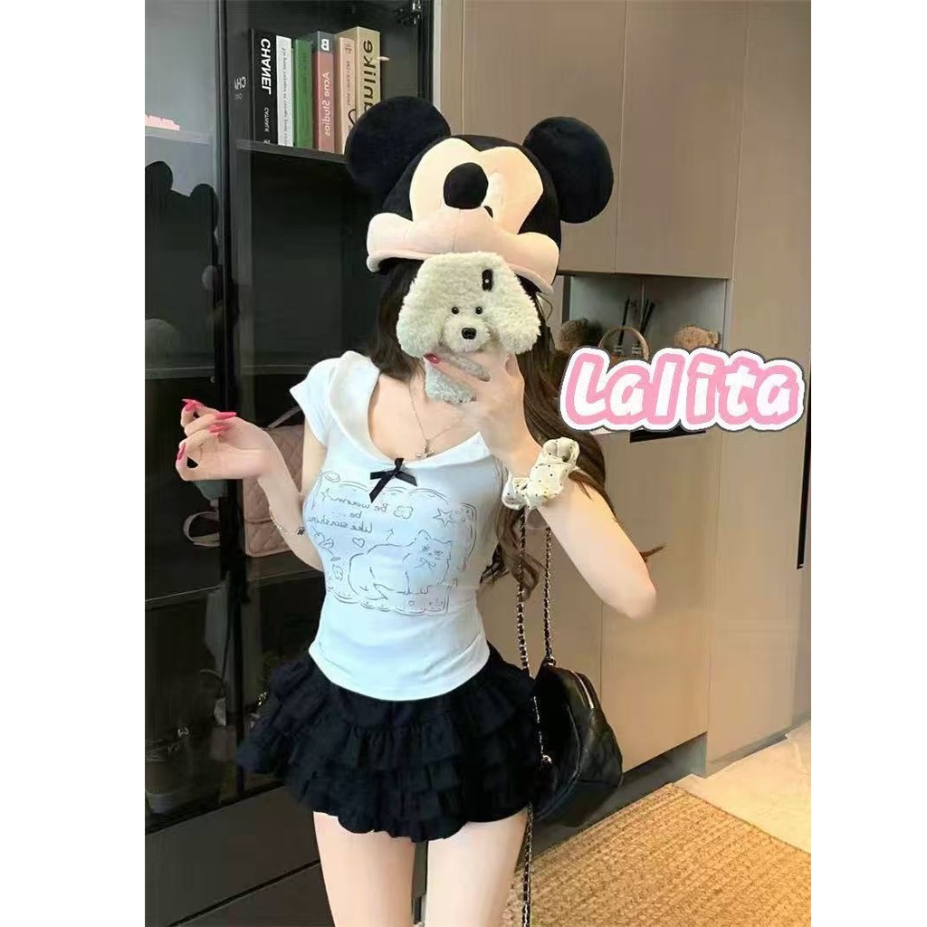 พร้อมส่งจากกทม เสื้อยืดผู้หญิง สไตล์หวานน่ารัก ระบาย โบว์ แขนสั้น คอปก ผูกโบว์ ผอมเพรียว เสื้อครอป
