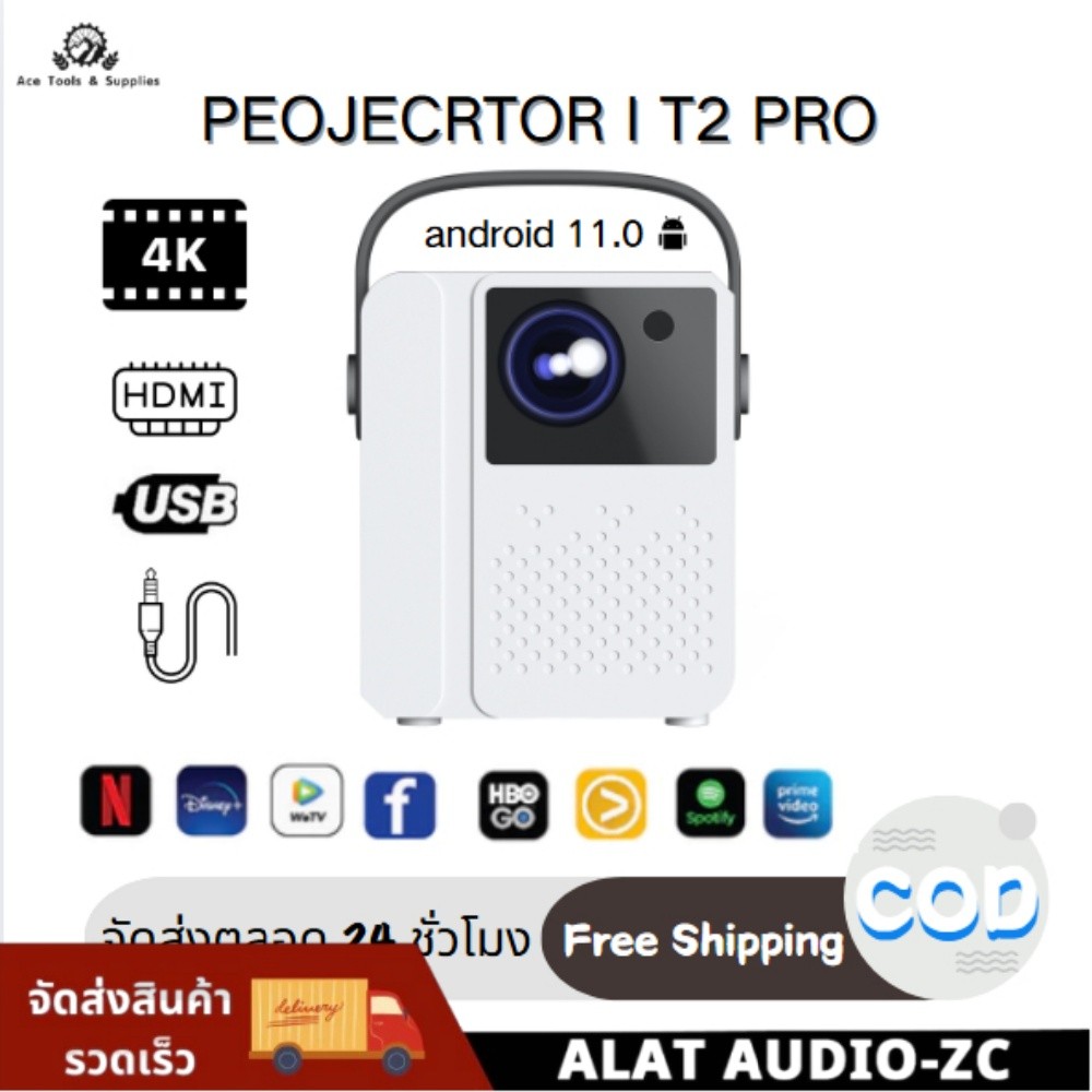 （รุ่นล่าสุด）โปรเจคเตอร์ projector 4k wifi T2 pro โปรเจคเตอร์ 6000 ลูเมน เครื่องฉายโปรเจคเตอร์ โปรเจค