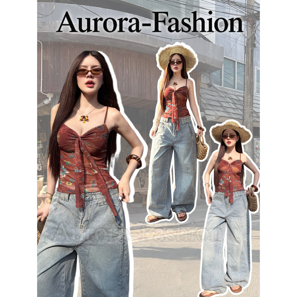 Aurora🛒พร้อมส่ง🚚(รูปถ่ายจากงานจริง) เสื้อแฟชั่นผู้หญิงสายเดี่ยว ลายดอกไม้ ผ้าบางเบา ใส่สบาย สไตล์โบฮี่เมี่ยน