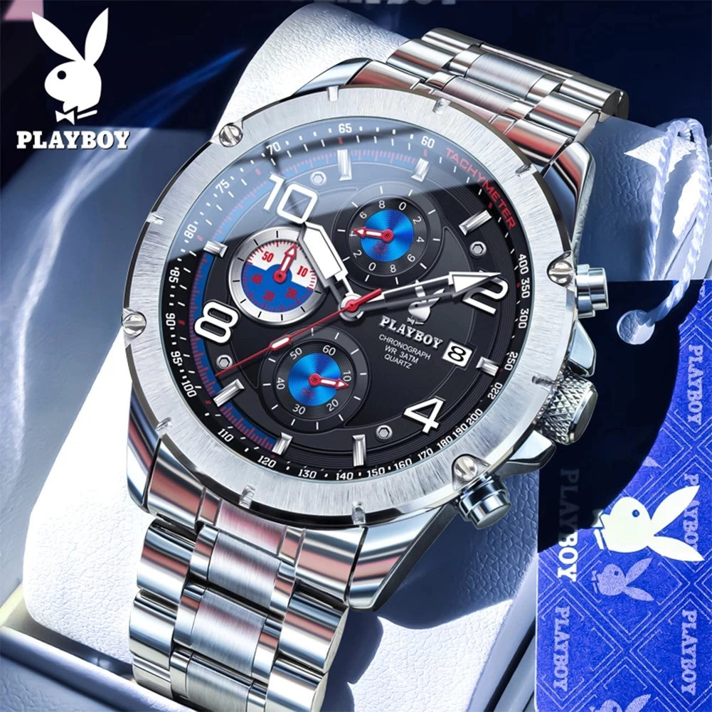 PLAYBOY ผู้ชาย นาฬิกา ควอตซ์  สายสเตนเลส อเนกประสงค์ วันที่ แสงกลางคืน กล่องของขวัญสวยงาม 3509G