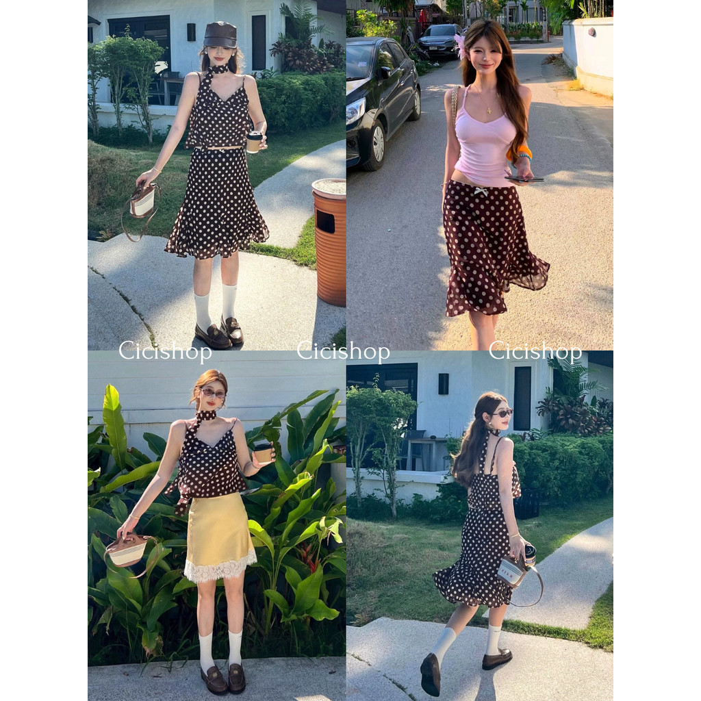 Cicishop(3416) Set 3ชิ้นลายPokadotผ้าชีฟอง สายเดี่ยวคอวีสายปรับได้+กระโปรงยาวกลางซิปข้าง+ผ้าพันคอเก๋ๆ สไตล์สาวอเมริกัน