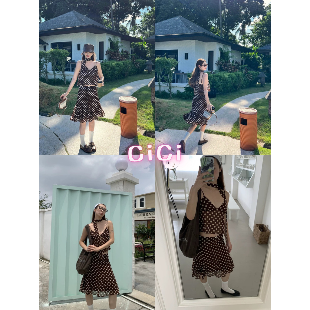 ส่งทันทีCici (No. 3416) Set 3ชิ้นลายPokadotผ้าชีฟอง สายเดี่ยวคอวีสายปรับได้+กระโปรงยาวกลางซิปข้าง+ผ้าพันคอเก๋ๆ