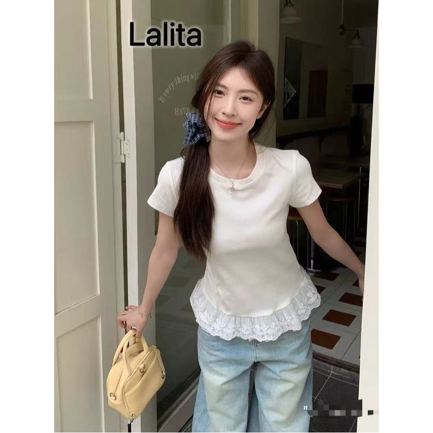 พร้อมส่งจากกทม 100%cotton เสื้อยืดแขนสั้น เสื้อลูกไม้ คอกลมลายลูกไม้สีขาวสำหรับผู้หญิง