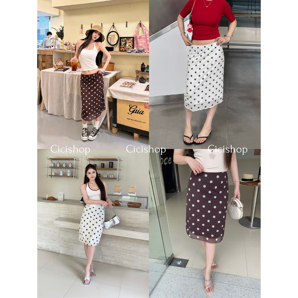 Cicishop(2622)กระโปรงลายPolka dot ใส่เอวต่ำเฟียสๆ หรือ จะใส่เอวสูงก็สวยไปอีก ซับด้านใน ด้านนอกผ้าตาข่าย สไตล์สาวอเมริกัน