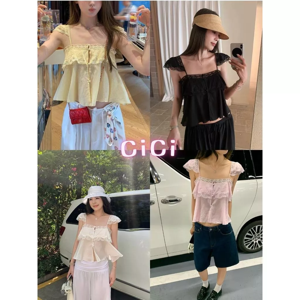ส่งทันทีCici (No. J2512) เสื้อสายเดี่ยวลูกไม้ระบายอก แต่งแขนระบาย กระดุมหน้าใช้งานได้ สไตล์เกาหลี สาวหวาน