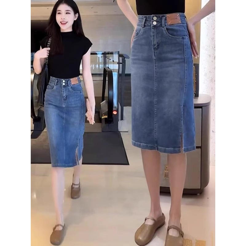beautified กระโปรงยีนส์ผ่าข้างสไตล์เมือง การรัดเอวจะทำให้คุณดูสูงขึ้น ผ้าเนื้อนุ่ม การเดินทางไปทำงานทุกวัน S-4XL V42