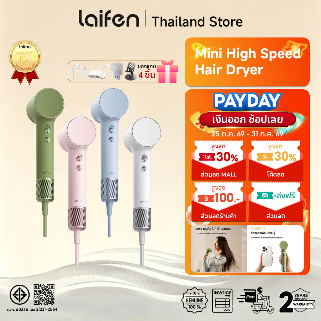 Laifen Mini High-Speed Hair Dryer ไดร์เป่าผมพกพา | น้ำหนักเบา | แห้งเร็วภายใน 1นาที | เหมาะกับสายท่องเที่ยว | ไดร์เป่าผม