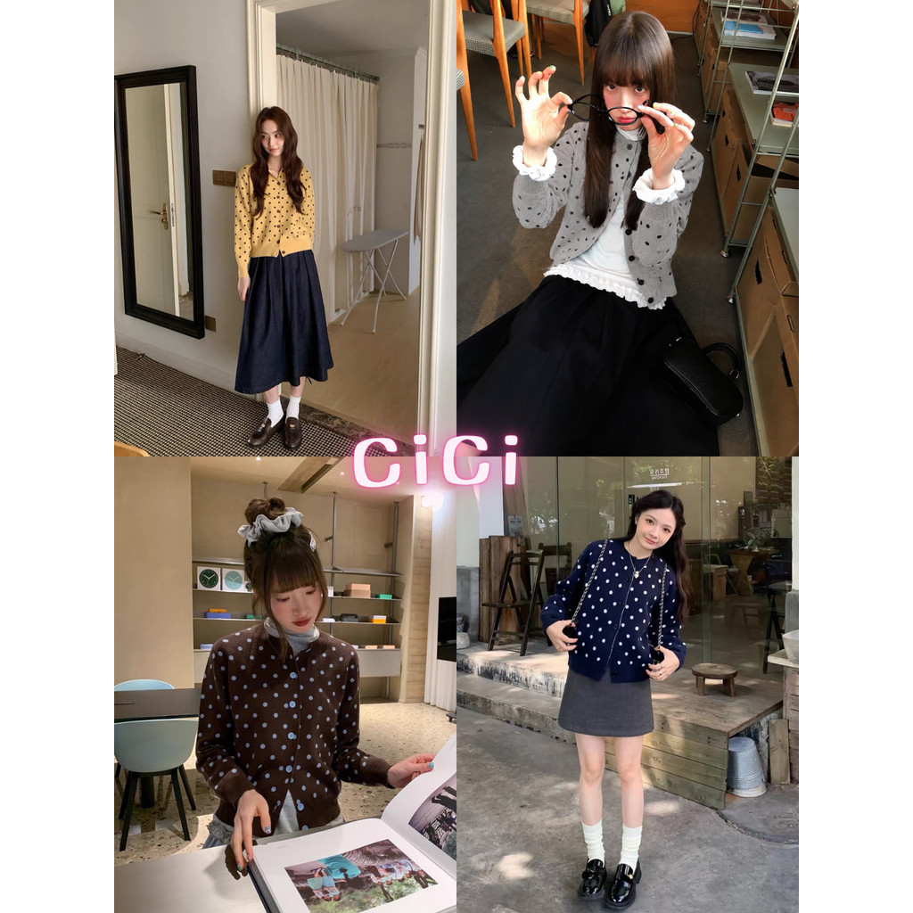 ส่งทันทีCici (No. B9911) เสื้อคาร์ดิแกนไหมพรมแขนยาว ลายจุด กระดุมหน้าใช้งานได้จริง จั๊มปลายแขน ผ้าใส่สบาย สไตล์สาวเกาหลี