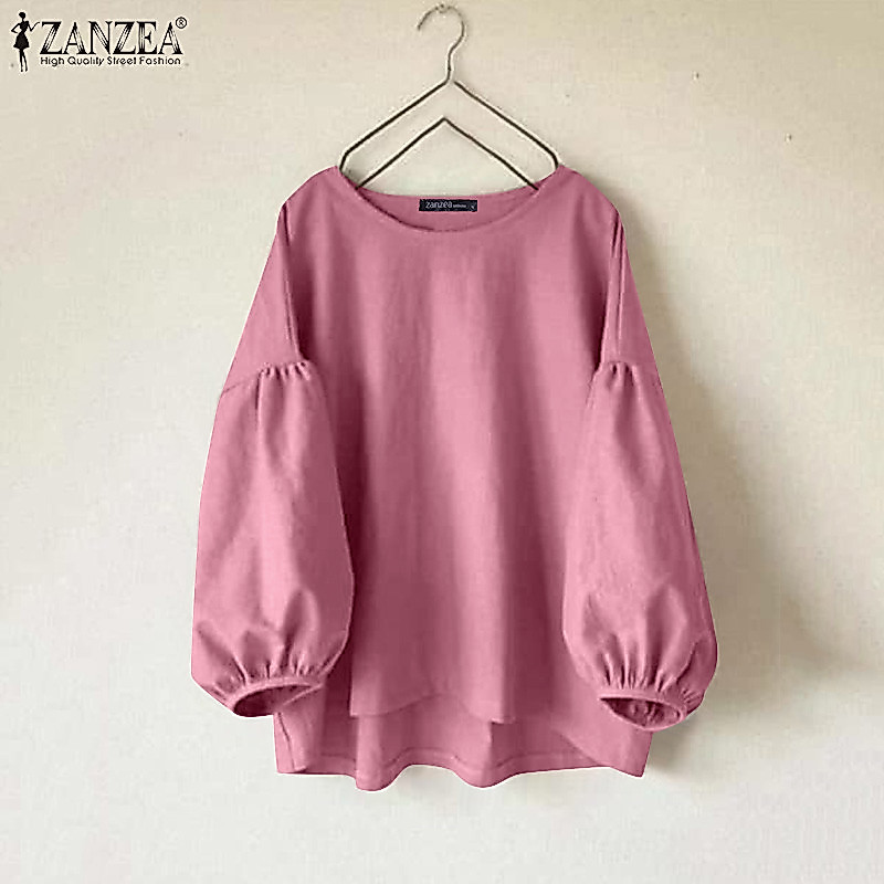 Zanzea ผู้หญิงเกาหลีลําลองคอกลมแขนโคมไฟเก้าแขนเสื้อด้านบน — صورة 4