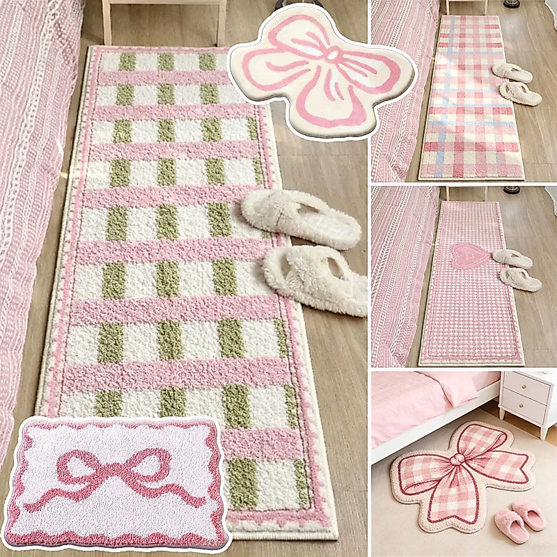 พรมขนฟู ลายตาราง 40*60/40*120CM ดูดซับน้ำ กันลื่น นุ่มสบายผิว สีพาสเทล ใช้ในห้องน้ำ
