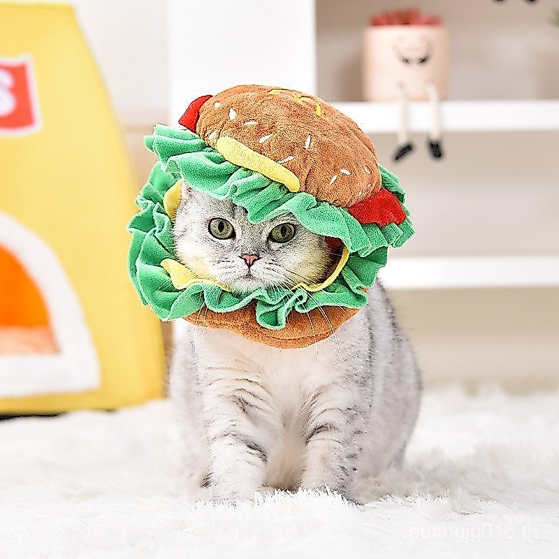 [ขายร้อน] Burger Cat Headgear Collar Hat Cat Dog Elizabeth Collar Adjustable Collar Funny Headwear P